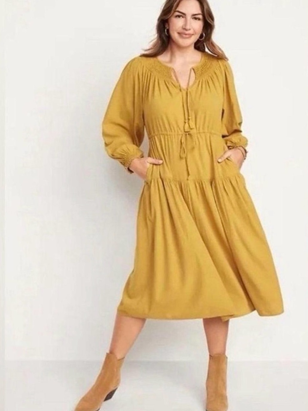 Old Navy Mustard Long-Sleeve Tiered Peasant Dress